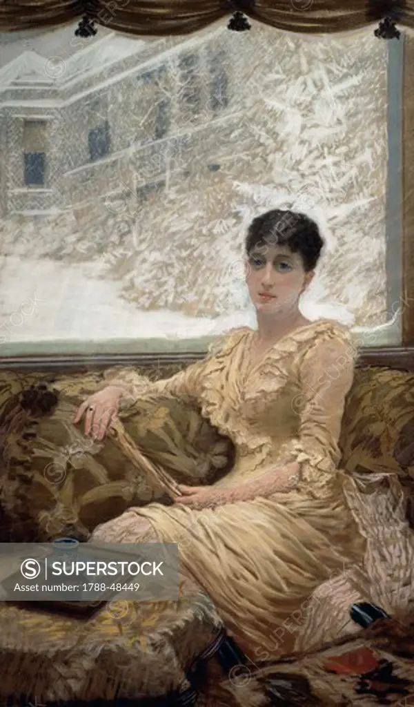 Winter day or Portrait of Madame De Nittis, 1882, by Giuseppe de Nittis (1846-1884), pastel, 150x89 cm.