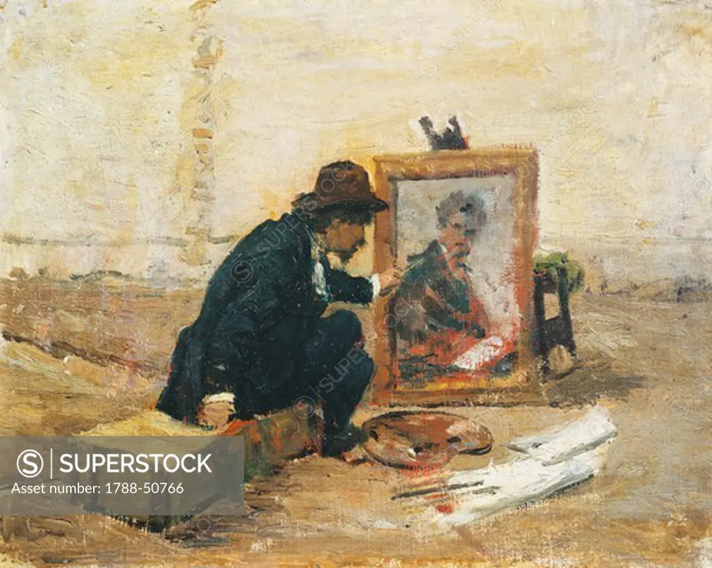 Tranquillo Cremona painting the portrait of Benedetto Junk, ca 1875, by Eugene Gignous (1850-1906), oil on canvas, 40x50 cm.