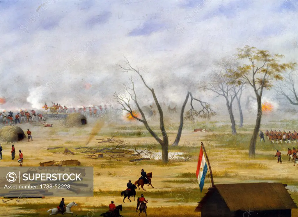 Paraguayan army encampment during the war with Argentina, Candido Lopez (1840-1902). War of the Triple Alliance, Paraguay 19th century.