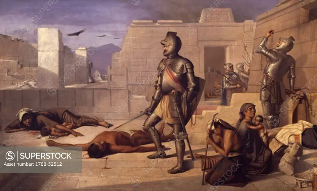 The Chobala massacre during the Spanish conquest, by Felix Parra (1845-1919). Mexico, 15th century.