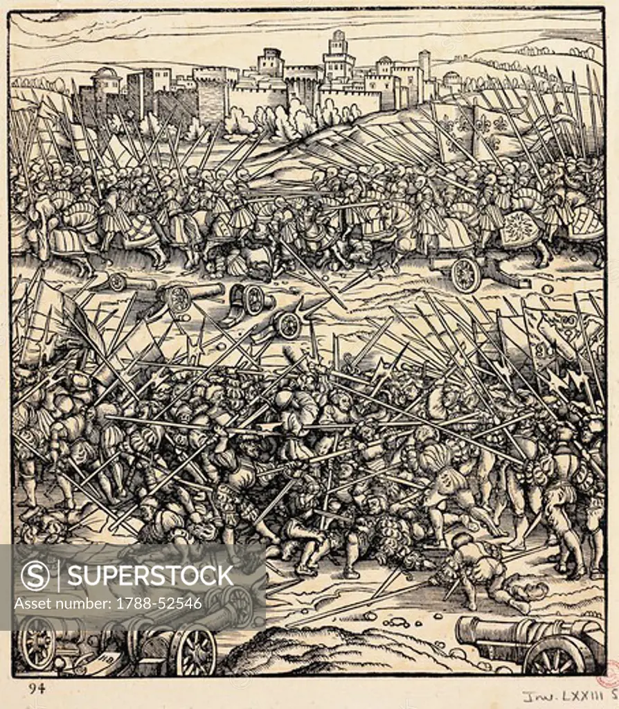 Battle of Ravenna, April 11, 1512, by Hans Burgkmair the Elder (1473-1531), engraving. War of the League of Cambrai, Italy, 16th century.