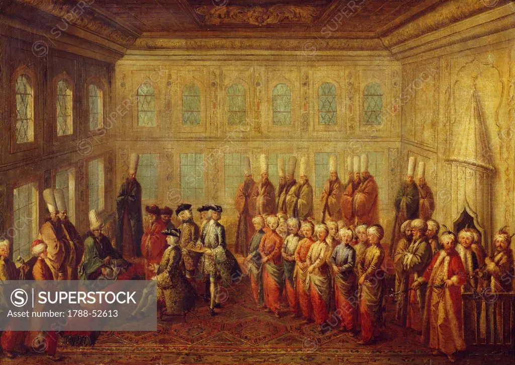 Charles-Marie-Francois Olier, Marquis of Nointel, French ambassador in Constantinople between 1670 and 1679, being interviewed by the Grand Vizier Kurpili. Turkey, 17th century.