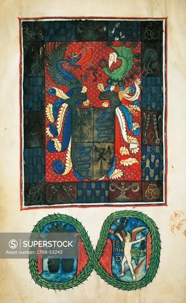 Coat of arms of the Sforza family, by Francesco Filelfo (1398-1481), illuminated manuscript page. Heraldry, Italy, 15th century.