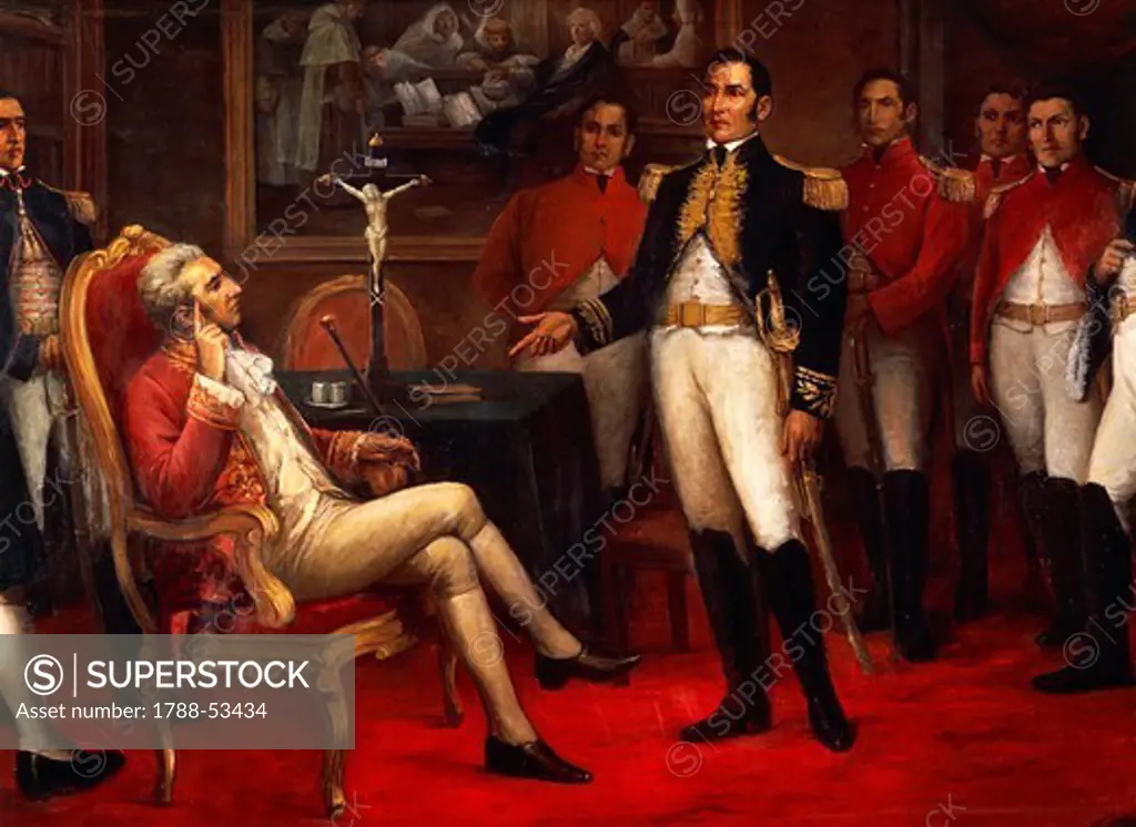 Meeting in 1821 between Jose de San Martin and Jose de la Serna, the last Spanish viceroy in Peru. Peru, 19th century.