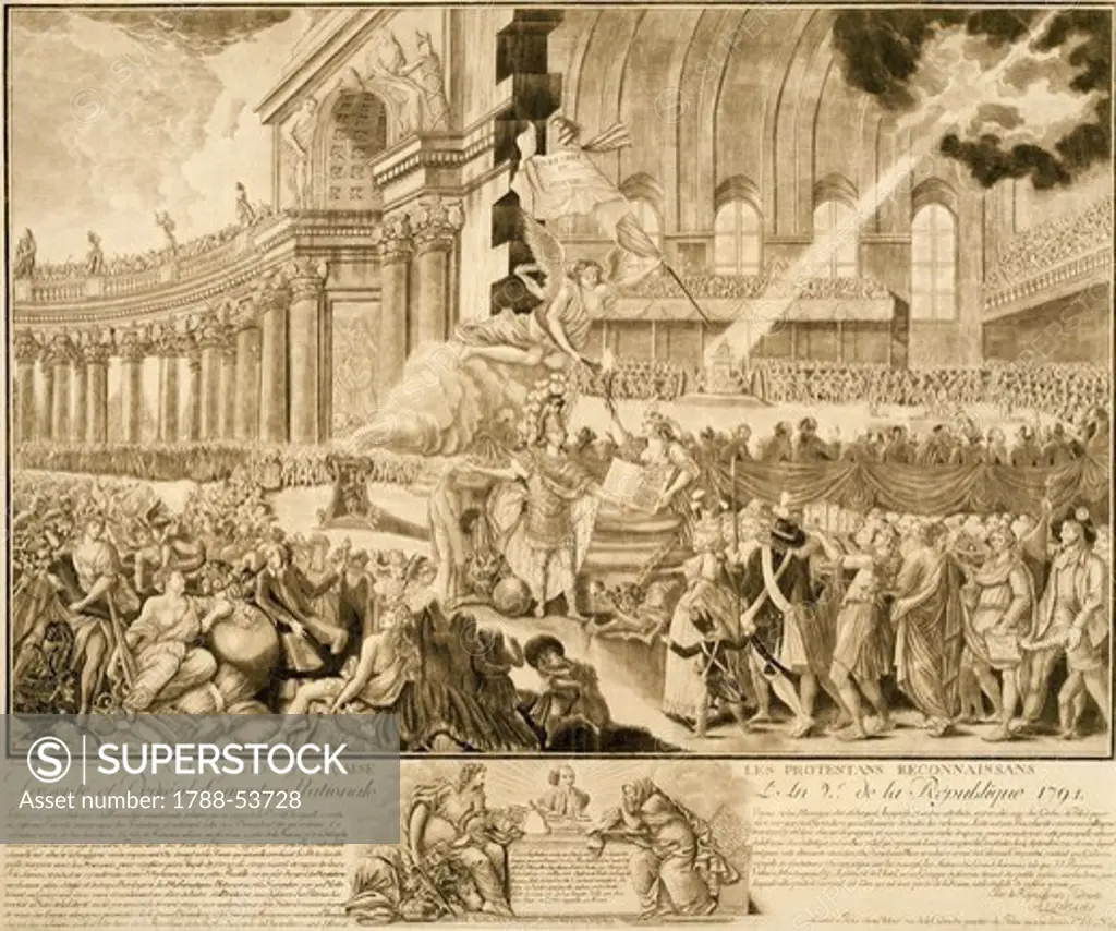 Allegory of Protestants Grateful to the French Nation, engraving by Duplessis. French Revolution, France, 18th century.