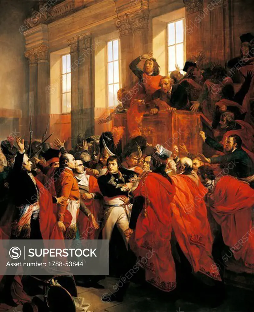 Bonaparte and the Council of Five Hundred at St Cloud, 10th November 1799, painting by Francois Bouchot (1800-1842), 1840, oil on canvas, 401x421 cm. French Revolution, France 18th century.