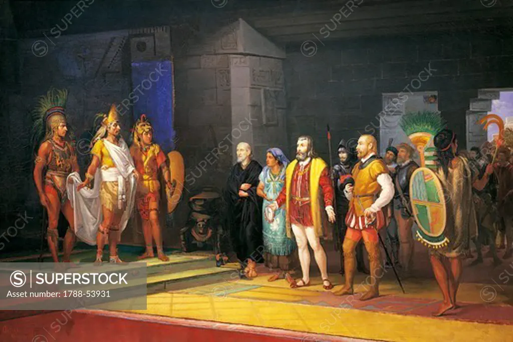 Hernan Cortes meeting Montezuma, painting by Juan Ortega, 1885. Mexico, 16th century.