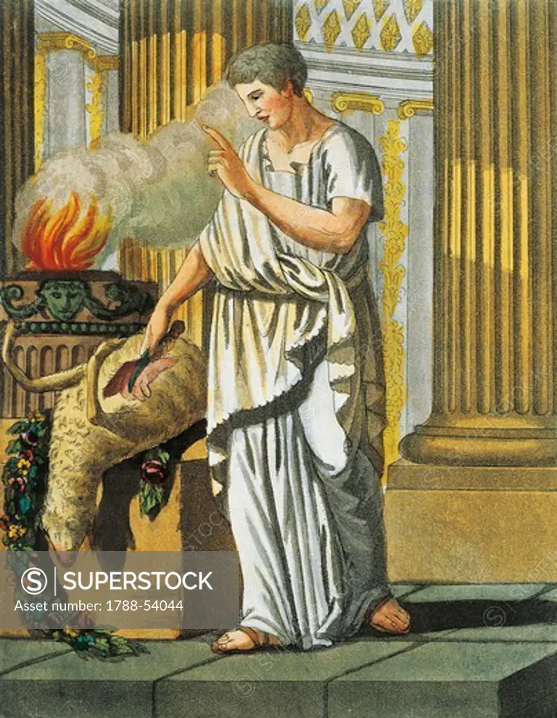 Soothsayer, by Jacques Grasset de Saint-Sauveur (1757-1810),engraving from Ancient Rome, or The historical and pictorial description of everything related to the Roman people, their military, customs, religious and public life, 1825.