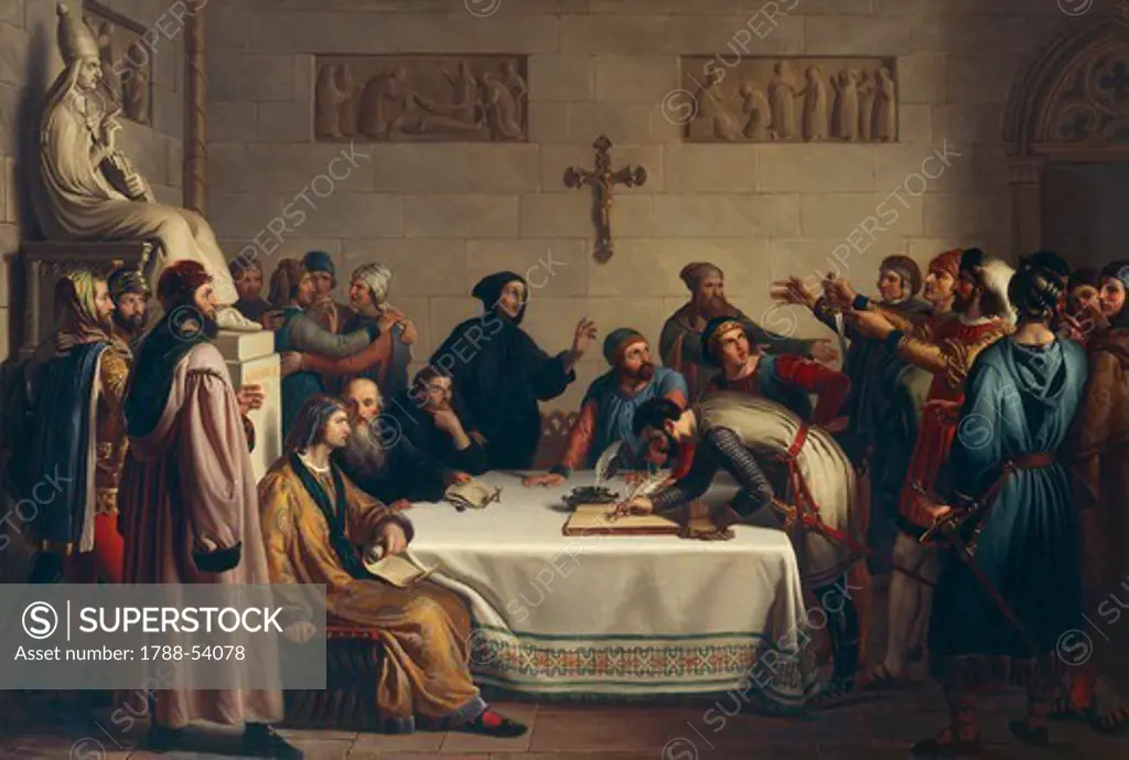 Oath of Pontida, April 7, 1167, by Guiseppe Diotti (1779-1846), 1837, oil on canvas, 55x80.5 cm. Lombard League, Italy, 12th century.