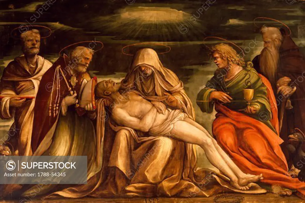 Pieta between Saints Mark, Ambrose, John the Evangelist and Antonio Abate, ca 1519, by Amico Aspertini (1474 or 1475-1552), tempera on canvas, 181x266 cm, San Petronio (St Petronius) Basilica, Bologna, Emilia-Romagna. Italy, 16th century.