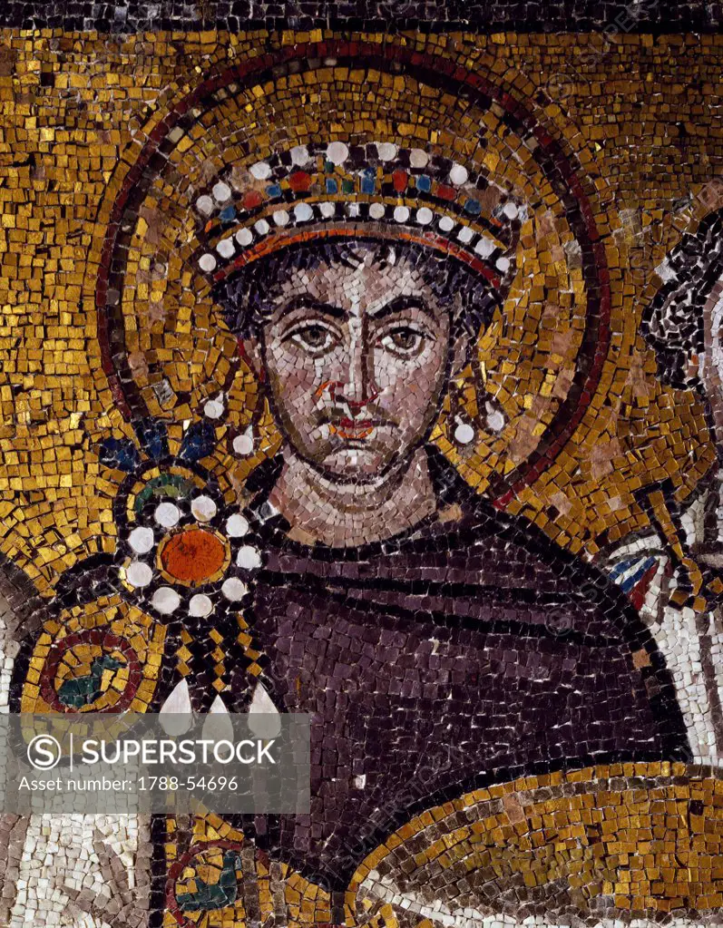 Half-figure bust of Emperor Justinian, detail from Emperor Justinian with his entourage, mosaic, northern wall of the apse, Basilica of San Vitale (UNESCO World Heritage List, 1996), Ravenna, Emilia-Romagna. Italy, 6th century.