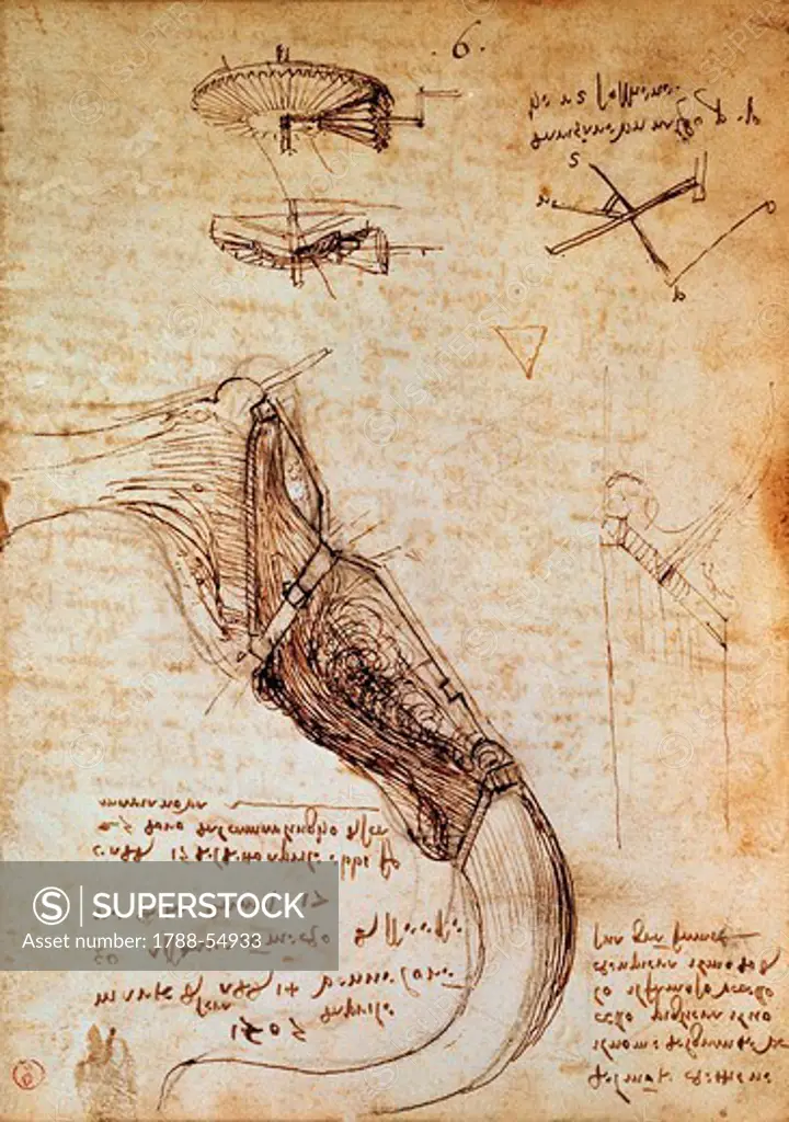 Codex on the flight of birds, by Leonardo da Vinci (1452-1519), drawing folio 18 verso.