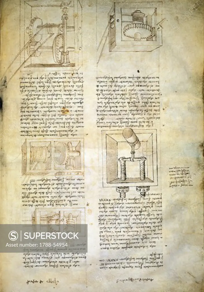 Gears, from the Codex Ashburnham 361, by Leonardo da Vinci (1452-1519), folio 44 verso.