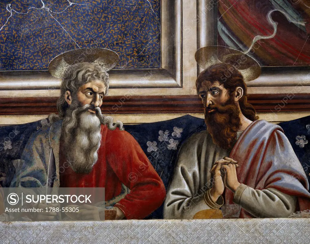 Bartholomew and Andrew, detail from the Last Supper, fresco by Andrea del Castagno (1421-1457), 1450. Museum of the Convent of Santa Apollonia (Cenacolo di Sant'Apollonia), Florence. Italy, 15th century.