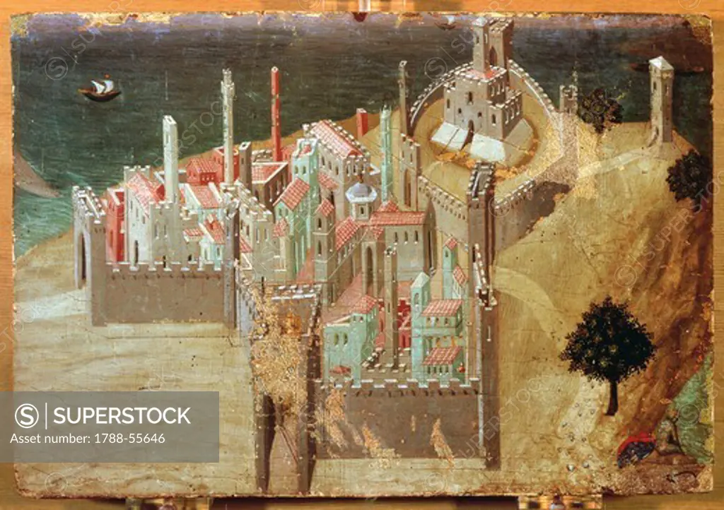 City by the sea, by Ambrogio Lorenzetti (1285-1348), painting on wood, 22x33 cm.