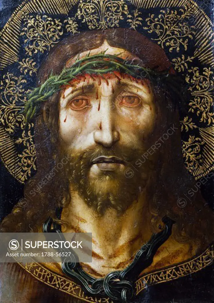 The face of Christ or the suffering Christ, 1515-1525, painting by Joan Gasco (active at the beginning of 16th century) from Vic Cathedral. Catalan Gothic art.