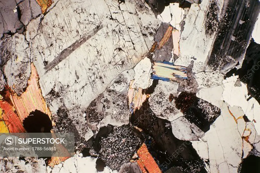 Granite, orthoclase, plagioclase, quartz and biotite crystals. Thin section, using crossed Nicols, x21x1,5.