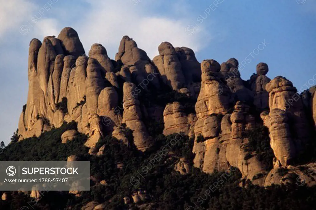 Montserrat massif peaks which were formed by erosion, Catalonia, Spain.