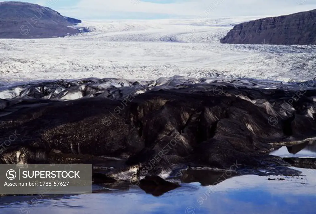 The crevassed, undulating plateau landscape of the Vatnajokull Glacier, Iceland.