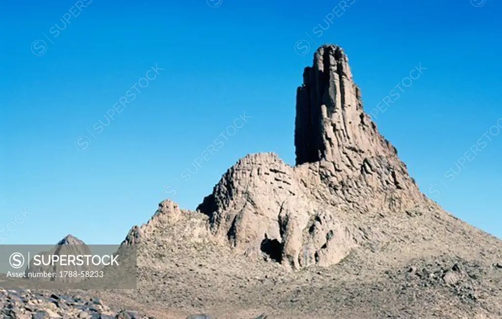 Result of erosion, Hoggar Mountains (Ahaggar), mountain range formed from volcanic rocks, Sahara Desert, Algeria.