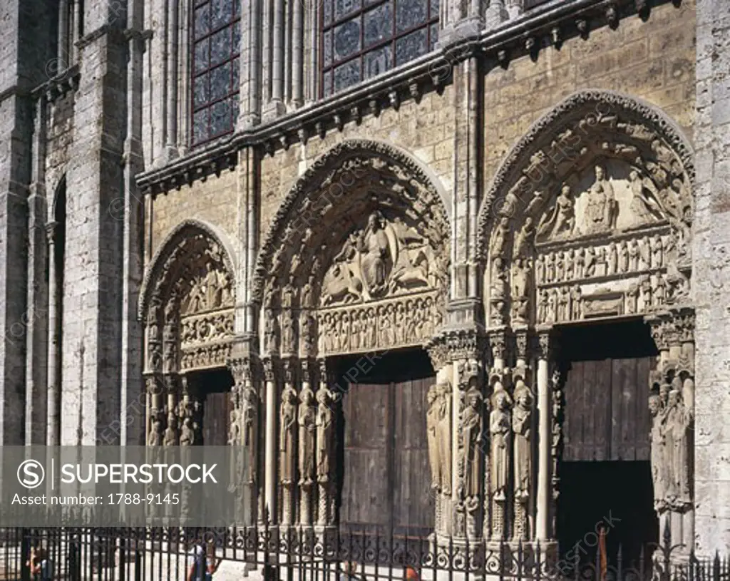 France - Centre - Chartres.  Notre-Dame Cathedral, UNESCO World Heritage List, 1979.  Facade, Royal Portal, 1145-1170