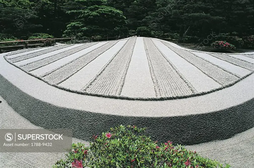 Japan - Kyoto. Ginkaku Temple or Silver Pavilion (Ginkaku-ji; UNESCO World Heritage List, 1994). Zen stone-and-sand 'kare sansui' garden