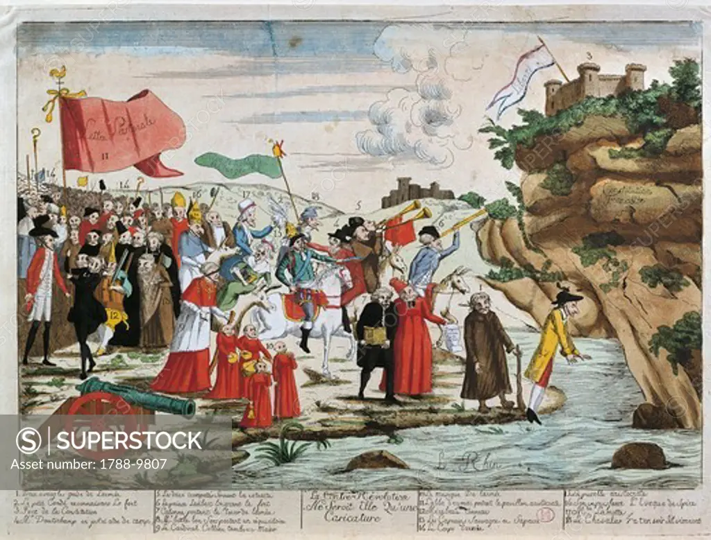 France, French Revolution, Caricature of emigrants crossing the Rhine