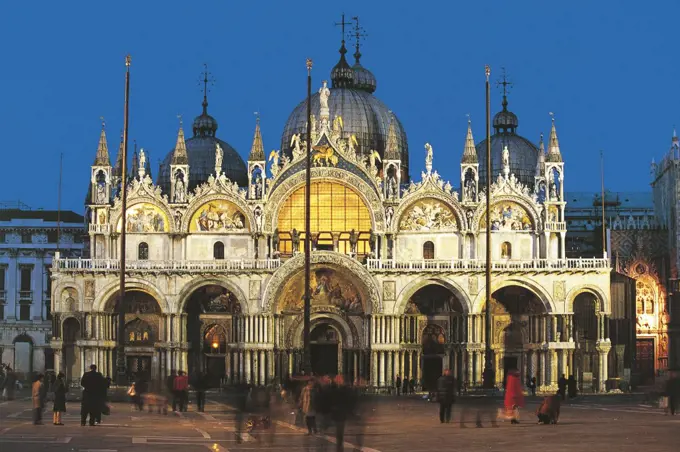 Night view of Saint Mark's Basilica, Venice (UNESCO World Heritage List, 1987), Veneto, Italy, 11th-18th century.