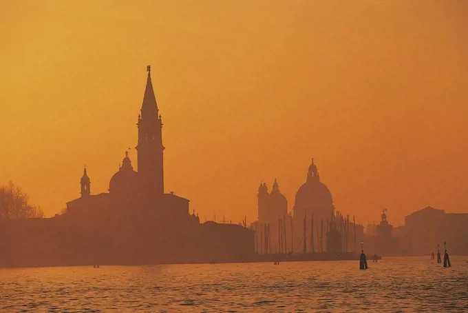 San Giorgio Maggiore Basilica and Saint Mary of Health at sunset, Venice (UNESCO World Heritage List, 1987), Veneto, Italy.