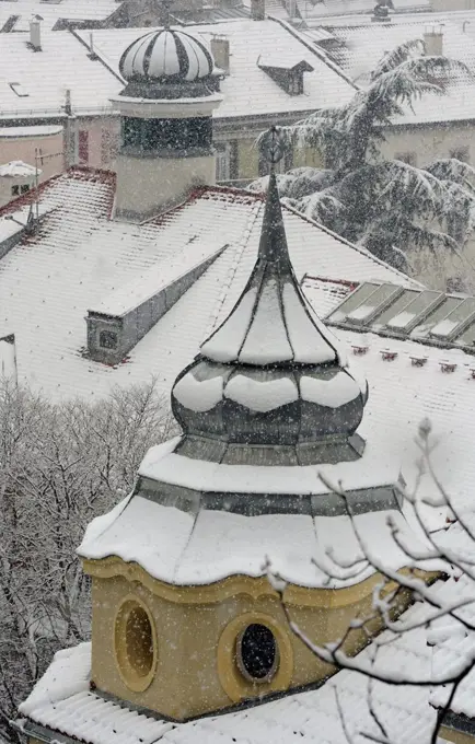 Snow-covered roofs in Merano, Trentino-Alto Adige, Italy.