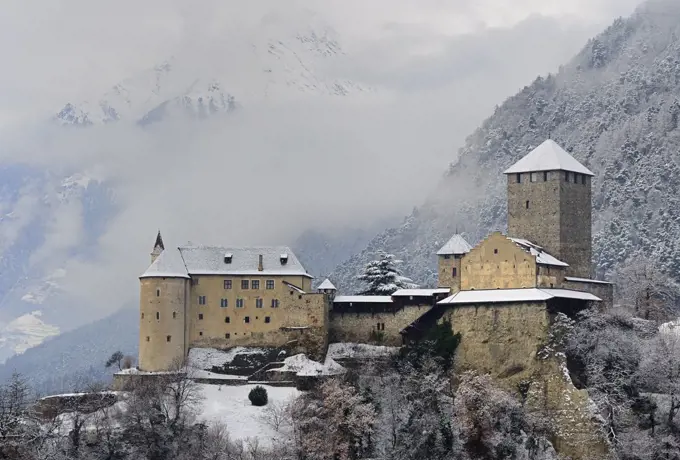 Winter view of Tyrol Castle, Tirolo (Dorf Tirol), Trentino-Alto Adige, Italy, 11th-13th century.