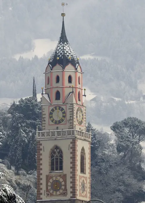 Winter view of the Bell Tower of the Church of San Nicolo, Merano, Trentino-Alto Adige, Italy, 15th-17th century.