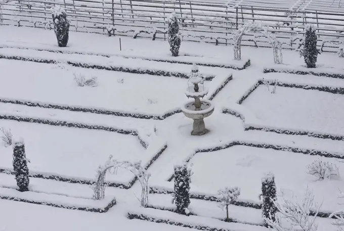 Garden of Novacella Abbey in the snow, Vahrn, Eisack Valley, Trentino-Alto Adige, Italy.