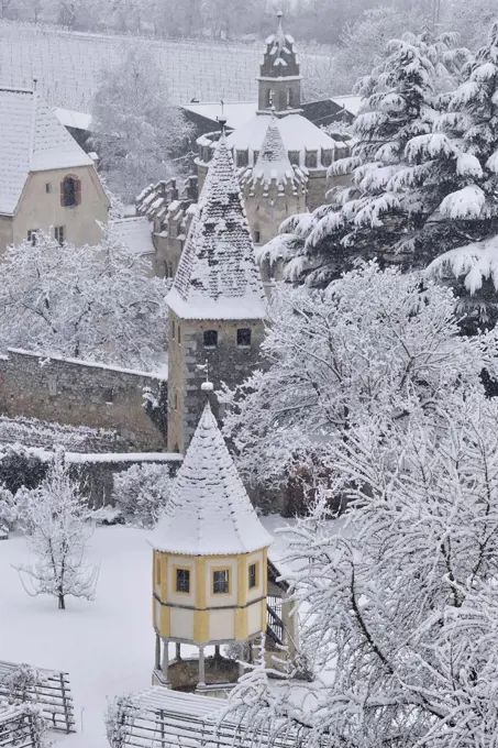 Saint Michael Chapel or Angel Castle in the snow, Novacella Abbey, Vahrn, Eisack Valley, Trentino-Alto Adige, Italy, 12th century.