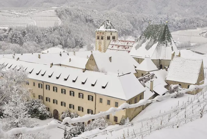 Novacella Abbey in the snow, Vahrn, Eisack Valley, Trentino-Alto Adige, Italy, 12th century.