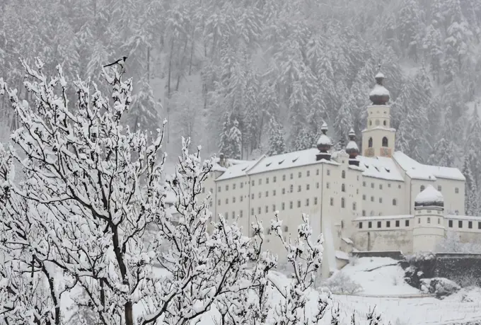 Marienberg Abbey under snow, Burgeis, Upper Vinschgau Valley, Trentino-Alto Adige, Italy, 12th century.