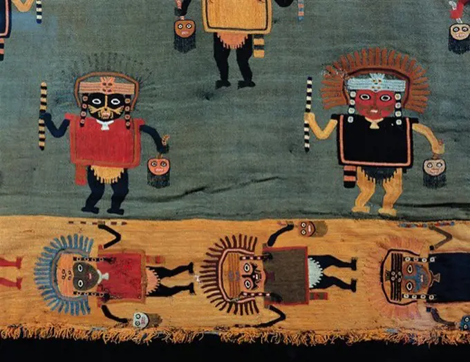 Fabric with anthropomorphic figures. From Paracas necropolis, Peru, Pre-Inca civilization