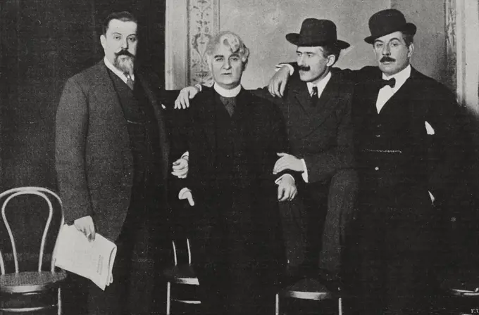 Giacomo Puccini at the Metropolitan in New York with his staff: (left to right) Gatti-Casazza, David Belasco, Arturo Toscanini, Puccini, from L'Illustrazione Italiana, Year XXXVIII, No 1, January 1, 1911.