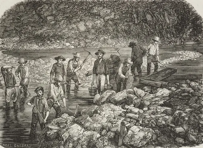 Gold prospectors along the Bedwell river, Canada, illustration by Jules Gaildrau from L'Illustration, Journal Universel, No 532, Volume XXI, May 7, 1853.