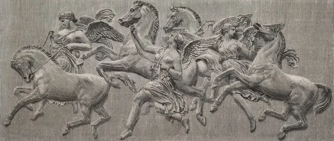 The Horae, goddesses in Greek mythology, lead the Sun chariot's horses by the reins, illustration from a bas-relief by Gibson, from the magazine L'Illustration, Journal Universel, vol 33, no 834, February 19, 1859.