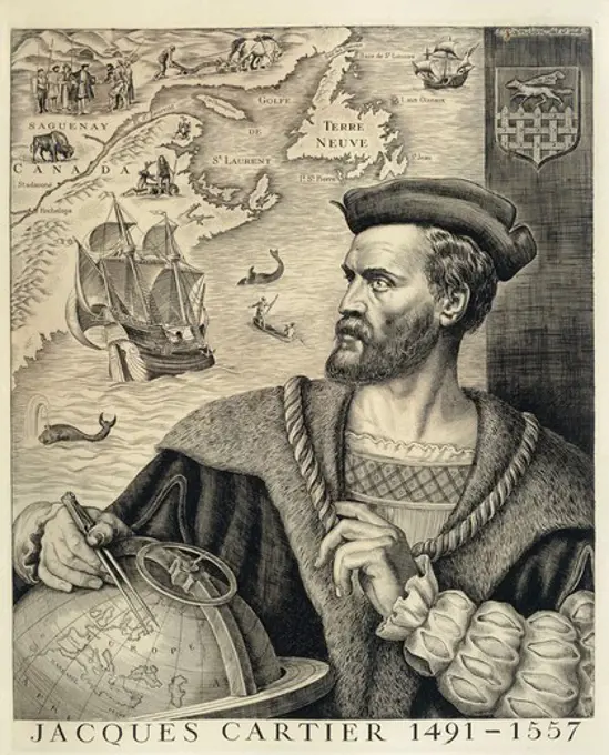 Jacques Cartier (Saint-Malo, 1491-1557), French navigator who reached Canada, Newfoundland and Labrador, setting the foundations for French dominion in Canada, engraving by Pierre Gandon.