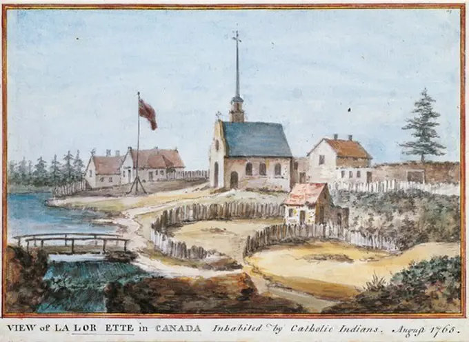 History of Exploration, 18th century. View of La Lorette in Canada, inhabited by Catholic Indians, August 1765.