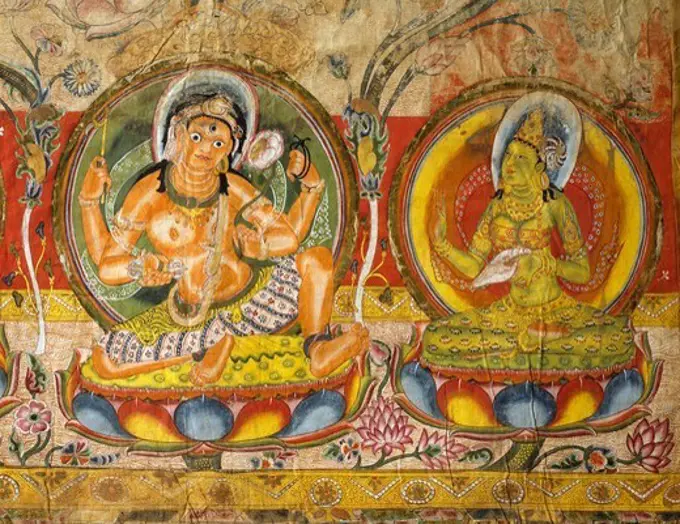 Mandala of the Five-deity Amoghapasha, the infallible laccio, painting on silk from the Mogao Caves in Dunhuang, Gansu Province, China. Chinese Civilisation, Tang Dynasty, 7th-10th century.