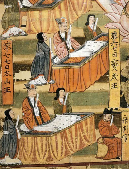 Six paths of rebirth and the ten kings Bodhisattva Ksitigarbha, 983, painting on silk, China. Detail. Chinese Civilisation, 8th year of the Taiping Xingguo period,10th century.