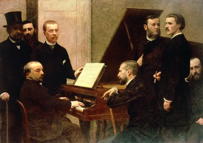 Around the piano, 1885, by Henri Fantin-Latour (1836-1904), oil on canvas, 160x222 cm.