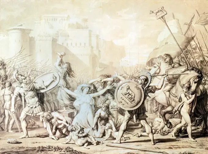 Study for The Rape of the Sabine Women, by Jacques-Louis David (1748-1825), pen, ink, watercolor and pencil drawing.