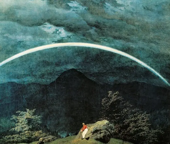 Mountain landscape with rainbow, by Caspar David Friedrich (1774-1840). Detail.