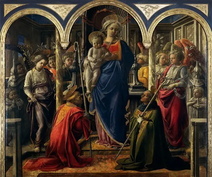 Madonna and Child with Angels and Saints, also called Our Lady of the Holy Spirit or Barbadori Altarpiece, 1438, by Filippo Lippi (ca 1406-1469), tempera on wood, 208x244 cm.