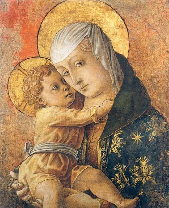 Madonna and Child, 1472, by Carlo Crivelli (ca 1430- ca 1495). Tempera on wood transferred onto canvas, 61.9x42 cm. Detail.