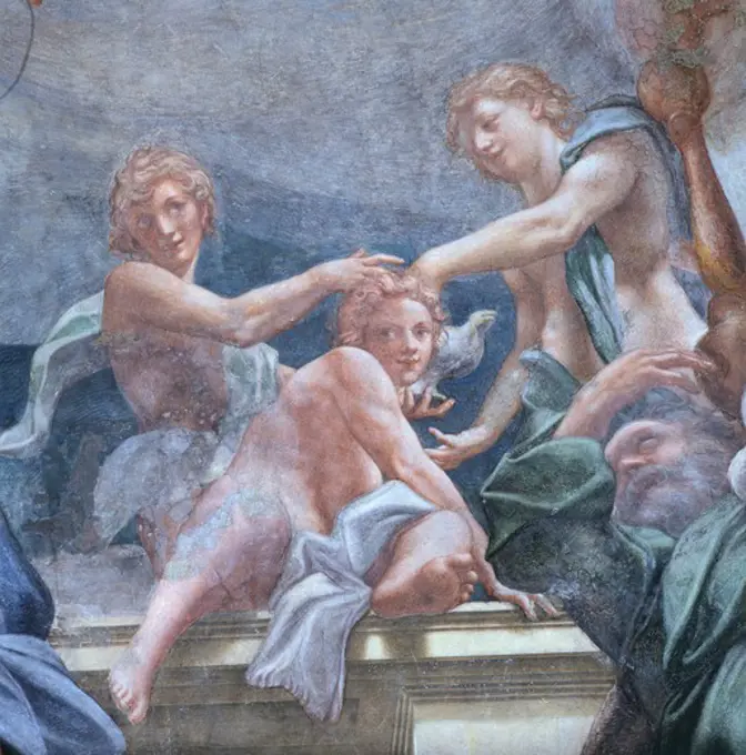 Youths on the balcony, by Antonio Allegri Da Correggio (1489-1534). Detail of the frescoes in the cupola of Parma Cathedral.